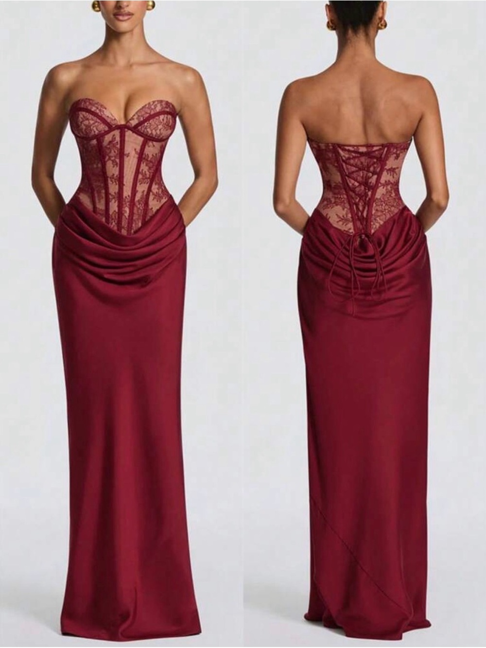 Strapless Lace-Detail Satin Evening Dress in Burgundy Corset Back XL